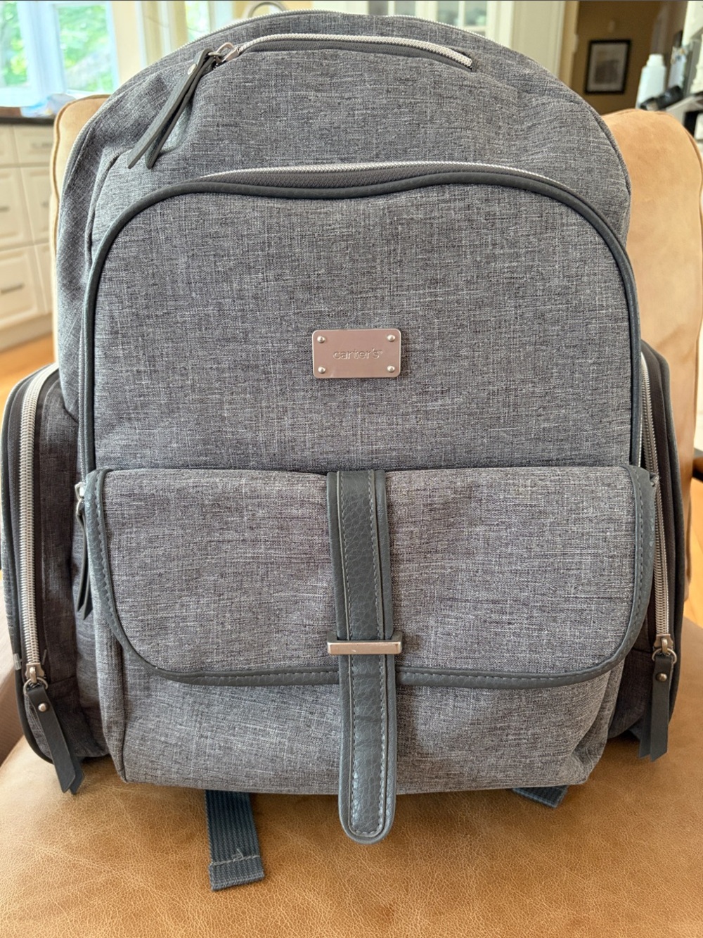 Grey Carter’s Diaper bag Backpack with Front Pockets and wipes container